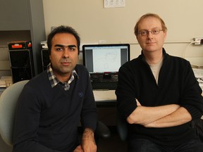 University of Windsor PhD student Abbas Golestani, left, and Prof. Robin GRAS at the University of Windsor's computer Science department on November 5, 2014. (JASON KRYK/The Windsor Star)