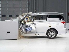 This photo provided by the Insurance Institute for Highway Safety (IIHS) shows a small overlap frontal crash test of the 2014 Nissan Quest. The IIHS says the Nissan Quest, Chrysler Town and Country and Dodge Caravan all earned the lowest rating on the small overlap front crash test. In each of those tests, the crash caused the minivan's structure to collapse. (AP /Insurance Institute for Highway Safety)