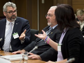 In this file photo, Carol Todd (right), the mother of Amanda Todd, speaks with Allan Hubley, the father of Jamie Hubley, and Glenford Canning (left), the father of Rehtaeh Parsons, as they wait to appear before the Commons justice committee discusses Bill C-13, Protecting Canadians from Online Crime Act Tuesday, May 13, 2014 in Ottawa. THE CANADIAN PRESS/Adrian Wyld