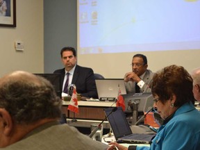 Amherstburg CAO John Miceli, from left, Mayor Wayne Hurst and Coun. Diane Pouget listen to comments Monday night during the final meeting of the outgoing Amherstburg Council. JULIE KOTSIS/The Windsor Star