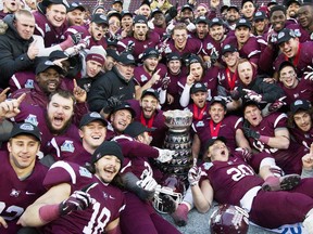 The McMaster Marauders pose for a group photo with the Yates Cup after defeating the Guelph Gryphons in Hamilton, Ont., Saturday, November 15, 2014. THE CANADIAN PRESS/Aaron Lynett