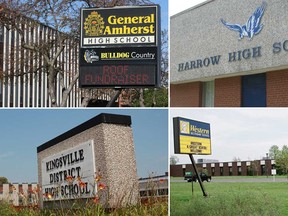 Four local high schools are being recommended for  accommodation reviews. They are General Amherst High School, left, Harrow District and Kingsville District High Schools and Western Secondary School.