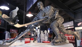 A statue of Detroit Red Wing legend Gordie Howe  is shown Wed. Nov. 19, 2014, at the Joe Louis Arena in Detroit, MI. (DAN JANISSE/The Windsor Star)