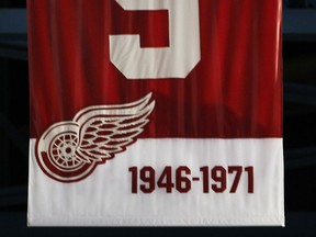 Detroit Red Wing legend Gordie Howe's retired number is shown Wed. Nov. 19, 2014, hanging from the rafters at the Joe Louis Arena in Detroit, MI. (DAN JANISSE/The Windsor Star)
