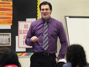 Tecumseh Vista Academy teacher Andre Quaglia is shown during a lesson at the Tecumseh, ON. school on Tuesday, Nov. 25, 2014. Quaglia encourages his students to use technology and has been named a Microsoft Innovative Educator Expert. (DAN JANISSE/The Windsor Star)