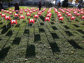 Flags bearing the names of fallen soldiers are shown at the downtown Remembrance Day ceremony on Tuesday, Nov. 11, 2014, in Windsor, ON. (DAN JANISSE/The Windsor Star)