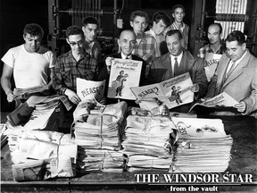 Some of the 82,000 newspapers donated by The Windsor Star to the Old Newsboys campaign of the Goodfellows are shown here shortly after rolling off the press on Dec. 17, 1959. This weekend will see the city and surrounding area blanketed with Newsboys, beginning with a special shoppers' sale Friday evening. (FILES/The Windsor Star)