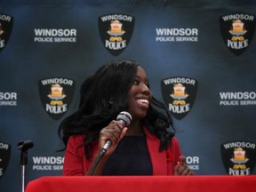 Lorraine Oloya, program coordinator with The Safety Village, makes a speech during a ceremony to announce the Youth Empowerment and Safety Initiative (YES!) with Windsor police on Friday, November 07, 2014. (DAX MELMER/The Windsor Star)