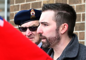 Former soldiers Bruce Moncur (right) and Larry Costello (left) on Jan. 31, 2014 -- the day that the Veterans Affairs Canada office in Windsor was permanently closed. (Nick Brancaccio / The Windsor Star)