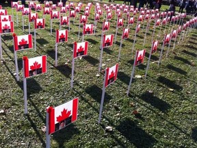 Canadian flags displayed to remember veterans at the Remembrance Day ceremony in Windsor, Tuesday, Nov. 11, 2014. (DOUG SCHMIDT/The Windsor Star/Twitpic)