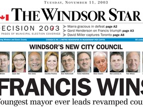 Nov. 11, 2003: The Windsor Star front page announces Eddie Francis as the
youngest mayor in the city’s history. Francis’s tenure as mayor would last three terms.