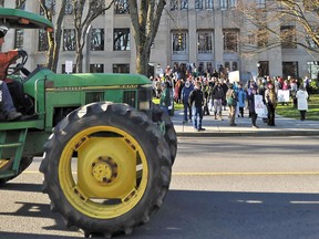 In this Jan. 2, 2012, file photo, people gather to protest genetically modified foods in Central Point, Ore.  (Jamie Lusch / Associated Press files)