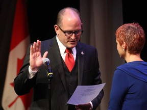 Mayor Drew Dilkens during Declaration of Office, at Inaugural meeting of City Council held at St. Clair College Centre for the Arts' Chrysler Theatre Monday December 01, 2014. (NICK BRANCACCIO/The Windsor Star)