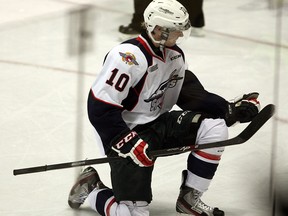 Spitfires Markus Soberg celebrates his goal in the first period against Soo Greyhounds December 4, 2014.  (NICK BRANCACCIO/The Windsor Star)