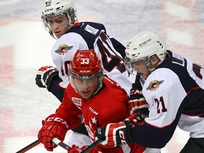 Spits Ryan Moore and Logan Brown, right, tangle with Soo Greyhounds Gabe Guertler in OHL action from WFCU Centre December 4, 2014.  (NICK BRANCACCIO/The Windsor Star)