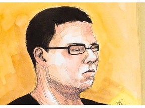 An artist's sketch of Luka Rocco Magnotta in court on Nov. 13, 2013. Magnotta, accused in the 2012 murder and dismemberment of Chinese national Lin Jun, appeared to have gained several pounds in the last year.
Photograph by: Delphine Berg/For Postmedia News/Files , Postmedia News