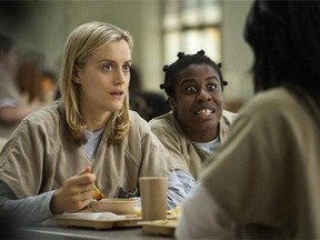 FILE - This image released by Netflix shows Taylor Schilling, left, and Uzo Aduba in a scene from "Orange Is the New Black." Saginaw Valley State University Assistant Professor of English Kim Lacey is teaching a course, Writing about Oppression on TV, centering on "Orange Is the New Black," in the winter 2015 semester, The Saginaw News reported. (AP Photo/Netflix, Paul Schiraldi, File)