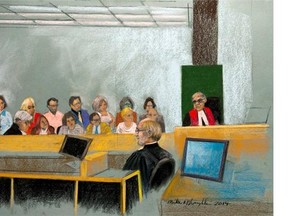 An artist's sketch shows Quebec Superior Court Justice Guy Cournoyer instructing the jury at the murder trial for Luka Rocco Magnotta, on Dec. 15, 2014 in Montreal.
Mike McLaughlin/The Canadian Press