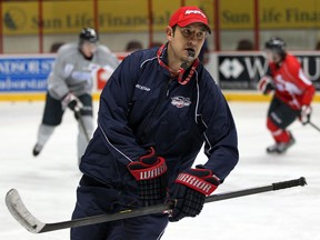 Spits head coach Bob Boughner skates during practice at the WFCU Centre. (NICK BRANCACCIO/The Windsor Star)