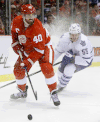 Detroit’s Henrik Zetterberg, left, is checked by Toronto’s Korbinian Holzer Wednesday at Joe Louis Arena. (AP Photo/Carlos Osorio)