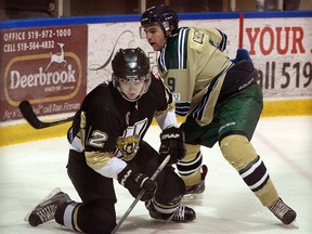 Vipers Eric Kirby protects the puck in front of St. Marys Lincolns Ocean Check, right, in first period of Junior B hockey action from Vollmer Centre  Wednesday December 17, 2014.  (NICK BRANCACCIO/The Windsor Star)