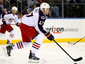 Kingsville's Dalton Prout of the Columbus Blue Jackets carries the puck against the New York Rangers at Madison Square Garden. (Photo by Elsa/Getty Images)