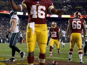 Redskins running back Alfred Morris celebrates after scoring a first quarter touchdown against the Philadelphia Eagles at FedExField Saturday in Landover, Maryland. (Photo by Patrick Smith/Getty Images)
