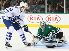 Toronto's James van Riemsdyk, left, scores a goal against Kari Lehtonen of the Dallas Stars during the second period at American Airlines Center Tuesday in Dallas. (Photo by Ronald Martinez/Getty Images)