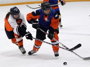 L'Essor battles Massey during girls high school hockey action at South Windsor Arena Tuesday. (JASON KRYK/The Windsor Star)