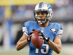 Lions wide receiver Golden Tate warm ups prior to playing the Tampa Bay Buccaneers at Ford Field on December 7, 2014 in Detroit, Michigan. (Leon Halip/Getty Images)