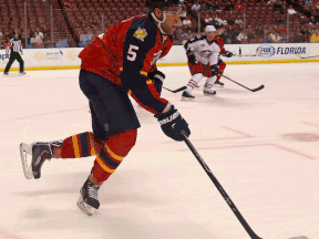 Belle River's Aaron Ekblad carries the puck during a game against the Columbus Blue Jackets this season. The stick he uses is a Bauer Supreme 87 flex.