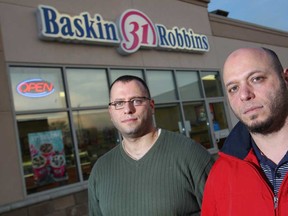 Brothers, Aiman Adhami, left, and Ace Adhami, owners of Baskin-Robbins at 3090 Dougall Ave., are pictured in front of their store, Monday, Dec. 15, 2014.  Ace Adhami was sitting at home and watched security feeds on his smartphone while his employees were being robbed.  (DAX MELMER/The Windsor Star)