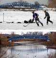 Top: 2013: Tim Mlinaric and Charlie Fuhr, right, skate on the frozen Blue Heron pond in East Riverside Wednesday December 18, 2013.  Early winter cold weather has provided the area with plenty of snow and ice, much to the delight of many area residents who enjoy outdoor winter activities. (NICK BRANCACCIO/The Windsor Star)
Bottom: 2014: Open water this year at Blue Heron Pond due to milder weather Thursday December 18, 2014.  Last year, Blue Heron Pond was frozen, allowing for skaters to enjoy outdoor activities. (NICK BRANCACCIO/The Windsor Star)