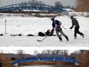 Top: 2013: Tim Mlinaric and Charlie Fuhr, right, skate on the frozen Blue Heron pond in East Riverside Wednesday December 18, 2013.  Early winter cold weather has provided the area with plenty of snow and ice, much to the delight of many area residents who enjoy outdoor winter activities. (NICK BRANCACCIO/The Windsor Star)
Bottom: 2014: Open water this year at Blue Heron Pond due to milder weather Thursday December 18, 2014.  Last year, Blue Heron Pond was frozen, allowing for skaters to enjoy outdoor activities. (NICK BRANCACCIO/The Windsor Star)