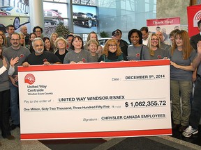 Chrysler Canada employees and retirees donated $1,062,355.72 to the United Way of Windsor-Essex County on Friday, Dec. 5, 2014, at the downtown Windsor, ON. headquarters. It's the 27th consecutive year that they have made over a $1 million contribution. Workers and retirees from Chrysler pose with a ceremonial cheque at the event. (DAN JANISSE/The Windsor Star)