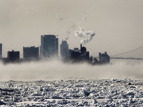 Downtown Windsor, Ont. appears to be in a deep freeze from this perspective from the city's east end looking over a frozen portion of the Detroit river. (DAN JANISSE/The Windsor Star)