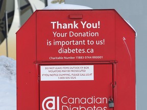 In this file photo, a clothing donation box for the Canadian Diabetes Association is shown Wed. Feb. 5, 2014, in Windsor, Ont. on Wyandotte St. East. (DAN JANISSE/The Windsor Star)