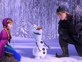 Anna, voiced by Kristen Bell, Olaf, voiced by Josh Gad, and Kristoff, voiced by Jonathan Groff, in a scene from the animated feature "Frozen." "Frozen" placed ninth on Google's list of 2014's fastest-rising global search requests, the company said Tuesday, Dec. 16, 2014. (Disney)