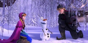 Anna, voiced by Kristen Bell, Olaf, voiced by Josh Gad, and Kristoff, voiced by Jonathan Groff, in a scene from the animated feature "Frozen." "Frozen" placed ninth on Google's list of 2014's fastest-rising global search requests, the company said Tuesday, Dec. 16, 2014. (Disney)