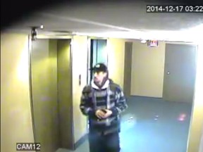 A still image from a security camera recording of a man who broke into an apartment building in the 500 block of Riverside Drive West (Handout / The Windsor Star)