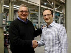 Left to right, Louis Calsavara, president of Canam Tools and  Steven Lenardon, president of Arlen Tool are both celebrating milestone anniversaries and the news that Canam Tools is joining the Arlen Tool team.