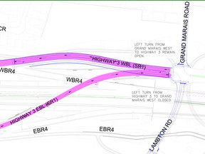 A map from the Ontario Ministry of Transportation showing sections of the new Highway 3 that will be opened to traffic as of Dec. 20, 2014. (Handout / The Windsor Star)