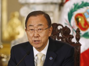 U.N. Secretary General Ban Ki-moon speaks to the press after a private meeting with Peru's President Ollanta Humala at the government palace in Lima, Peru, Friday, Dec. 12, 2014. Delegates from more than 190 countries are meeting in Lima, to work on drafts for a global climate deal that is supposed to be adopted next year in Paris. (AP Photo/Juan Karita)