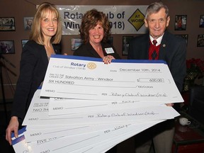 The Rotary Club of Windsor (1918) handed out community service grants totalling $49,300 to support local groups on Wed. Dec. 10, 2014, at the Windsor Star News Cafe. A total of 13 local organizations received cheques from the group. Rotary committee members Janice Forsyth (L), Colleen Mitchell and Jim Blue pose with the cheques during the event. (DAN JANISSE/The Windsor Star)