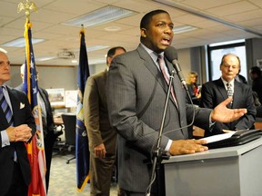 Rodrick Miller, the head of the Detroit Economic Growth Corp., speaks  during a news conference regrind the former Tiger Stadium site, Tuesday, Dec. 16, 2014, in Detroit. Officials with the city's Economic Development Corporation announce the Larson Realty Group as their recommended developer of the site at the former baseball stadium. (AP Photo/Detroit News, David Coates)