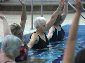 Joyce Paterson, 88, participated in a recent aquatic yoga class for seniors at the Sherk Centre in Leamington.  (DAN JANISSE / The Windsor Star)