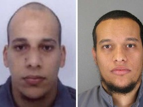 This combo shows handout photos released by French Police in Paris early on January 8, 2015 of suspects Cherif Kouachi (L), aged 32, and his brother Said Kouachi (R), aged 34, wanted in connection with an attack at a satirical weekly in the French capital that killed at least 12 people.