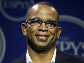 In a Wednesday, July 16, 2008 file photo, Stuart Scott poses in the press room at the ESPYs Awards,in Los Angeles. Scott, the longtime “SportsCenter” anchor and ESPN personality known for his known for his enthusiasm and ubiquity, died Sunday, Jan. 4, 2015 after a long fight with cancer. He was 49. (AP Photo/Matt Sayles, File)