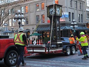The steam clock returns to its old spot in Gastown this morning in Vancouver on January 20, 2015.