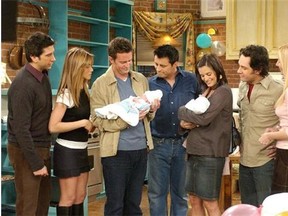David Schwimmer, left, Jennifer Aniston, Matthew Perry, Matt LeBlanc, Courteney Cox Arquette, Paul Rudd and, and Lisa Kudrow appear in this scene from the series finale of NBC's "Friends," in this undated publicity photo. THE CANADIAN PRESS/AP, Warner Bros.